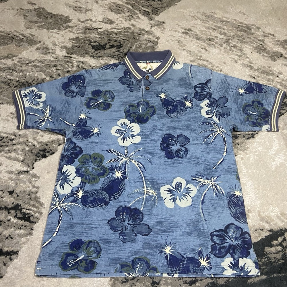 The Skins Game‎ Vintage Hawaiian Golf Polo Shirt Mens L Blue Floral Made In USA